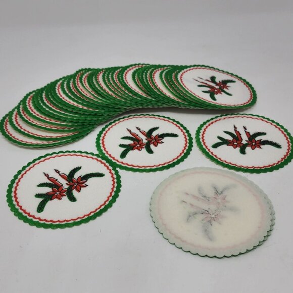 Vintage Christmas Paper Coasters Scalloped Green and Red Candlesticks Lot of 37 - Picture 2 of 3